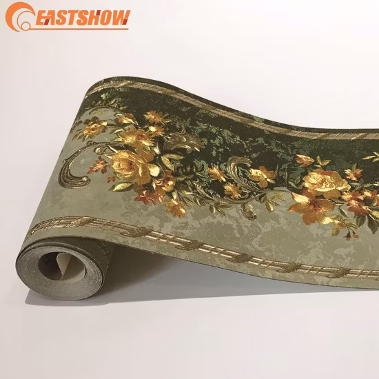 Bordures de papier peint 3D en PVC couleur feuille d'or de luxe avec fleurs (220 g/m² 17,6 cm x 5 m)